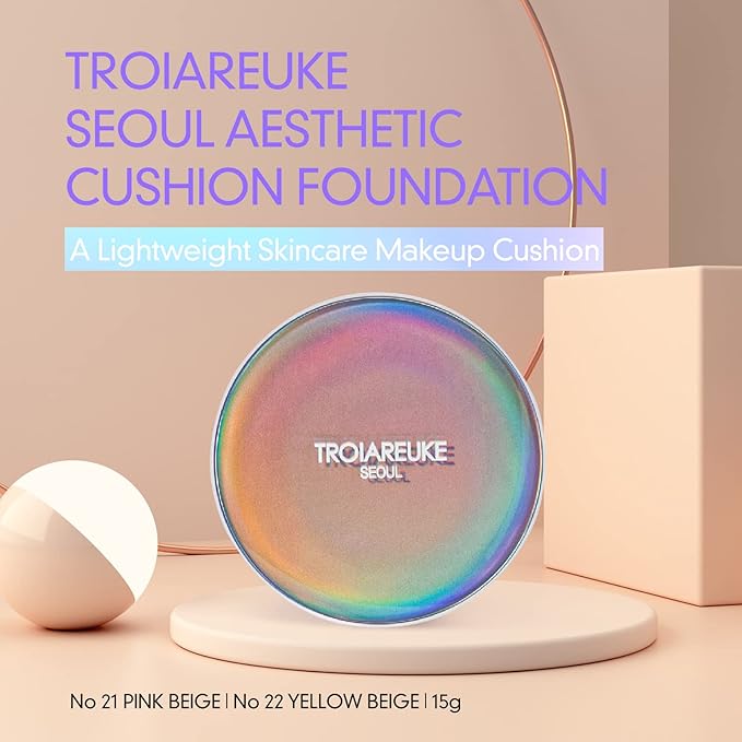 TROIAREUKE Seoul "Bridal" Cushion Foundation(#22, Yellow Beige), Korean Cushion Foundation, K-Beauty, Hydrating, Long-lasting, Lightweight, Natural Finish, Anti-Aging, Moisture, Whitening, SPF 50+