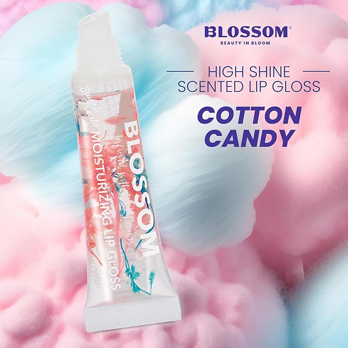 Blossom Lip Gloss Tubes, Cotton Candy Scented Thick Clear High Shine Moisturizing Flower Lip Gel with Nourishing Jojoba Seed Oil, Infused with Real Flowers, 0.3oz, Cotton Candy