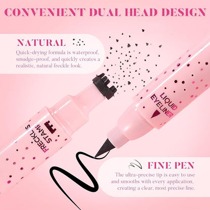 DAGEDA Eyeliner Freckle Pen, 2 in 1 Light Brown Freckle Stamp and Black Liquid Eyeliner, Waterproof, Natural Lifelike Freckles Makeup, Soft Sopt Pen Magic Fake Freckles