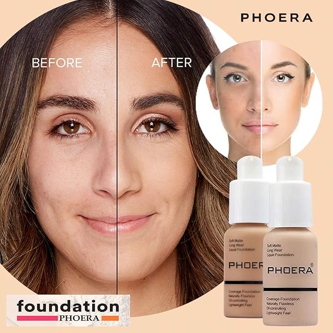 Phoera Foundation Full Coverage Makeup Set - Includes Nude & Buff Beige 30ml Matte Foundation, 6ml Face Primer PLUS Liquid Foundation Brush & Silicone Blender Sponge for Easy Application