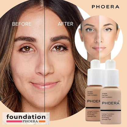 Phoera Foundation Full Coverage Makeup Set - Includes Nude & Buff Beige 30ml Matte Foundation, 6ml Face Primer PLUS Liquid Foundation Brush & Silicone Blender Sponge for Easy Application