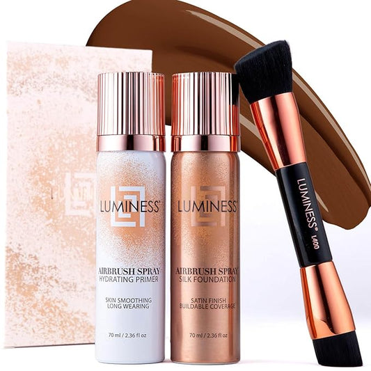 LUMINESS Airbrush Spray Silk Foundation Starter Kit - Deep Dark - Foundation, Primer & Dual-Sided Angled Buffing Brush - Medium, Buildable Coverage, Anti-Aging Formula Hydrates & Moisturizes