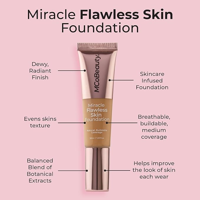 MCoBeauty Miracle Flawless Skin Foundation, 1 Pure Ivory, Natural, Buildable Coverage for All-Day Wear, Vegan, Cruelty Free Cosmetics