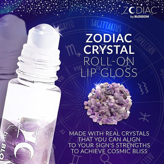 Blossom Lip Gloss Zodiac Sign Vanilla Scented Roll-On Lip Gloss, Moisturizing + Hydrating with Zodiac Crystals, Made in USA, 0.20oz, Sagittarius