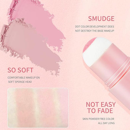 O'CHEAL Powder Blush Stick for Cheek and Eyes, Soft and Blendable Natural Flush, Long-Lasting Dewy Blusher Makeup, Buildable Glow for Face,Multi-Use Blush 01