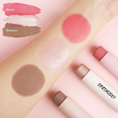 Face Stick Trio 3Pcs Multi Makeup Blush Highlighter Contour Sticks, Buildable Blendable Lightweight Cream Blush Stick for Cheeks Lips Make Up For Women (05)