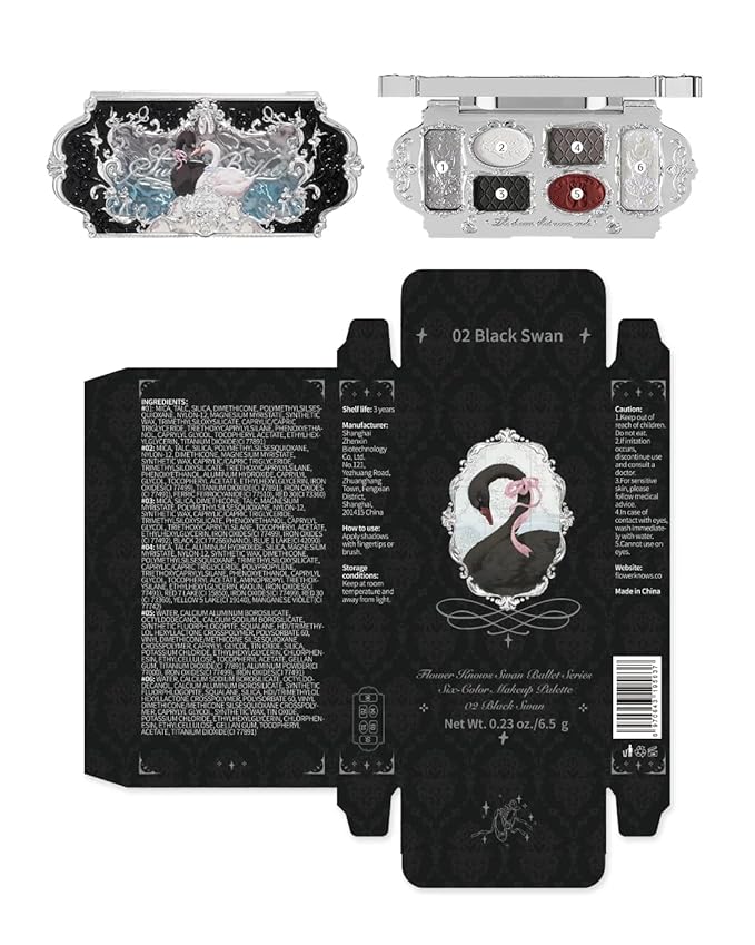 Flower Knows Swan Ballet Six-Color Makeup Palette,Eyeshadow,Blush,Highlighting & Contour All-in-One Face Makeup Palette with 4 Matte+2 Shimmer Smoky Shades(02 Black Swan,0.23 Oz)