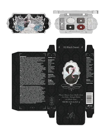 Flower Knows Swan Ballet Six-Color Makeup Palette,Eyeshadow,Blush,Highlighting & Contour All-in-One Face Makeup Palette with 4 Matte+2 Shimmer Smoky Shades(02 Black Swan,0.23 Oz)