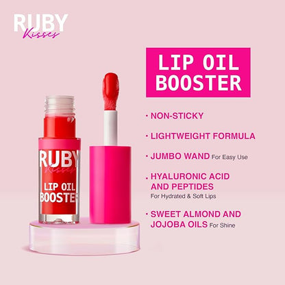 Ruby Kisses Lip Oil Booster, Hydrating Lip Gloss with Nourishing Natural Oil Blend, Jumbo Wand for Easy Application, Non-Sticky Formula (Hot Cherry)