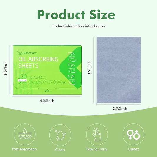 Oil Absorbing Sheets with Bamboo Charcoal - 2 Pack (240 sheets) Oil Blotting Sheets For Face, 20% More Makeup Friendly High-performance Handy Face Blotting Paper for Oily Skin