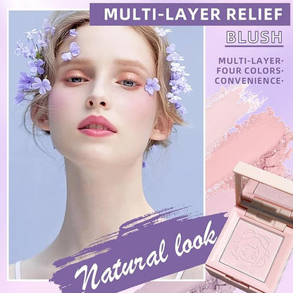 4 in 1 Blush Palette, 4 Colors Matte Face Powder Blush for Cheek, Soft Pink, Peach, Lavender, Purple Face Blusher Rouge Long Lasting High Pigment Lightweight Rouge Highlighter Korean Makeup