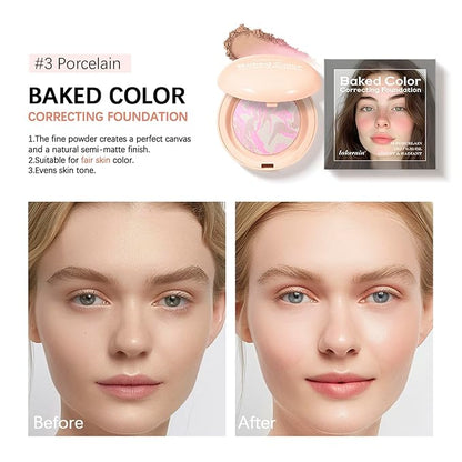 Baked Color Correcting Foundation – Lightweight Airy Finish Powder Makeup with Mirror, Subtle Glow, Oil Control, Long Lasting – Fine Texture for Smooth Light to Medium Coverage (#3 Porcelain)