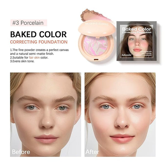 Baked Color Correcting Foundation – Lightweight Airy Finish Powder Makeup with Mirror, Subtle Glow, Oil Control, Long Lasting – Fine Texture for Smooth Light to Medium Coverage (#3 Porcelain)