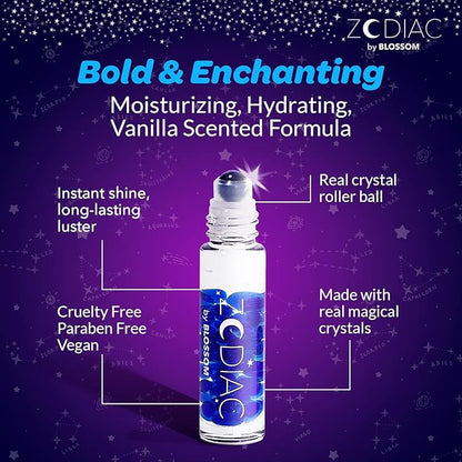 Blossom Lip Gloss Zodiac Sign Vanilla Scented Roll-On Lip Gloss, Moisturizing + Hydrating with Zodiac Crystals, Made in USA, 0.20oz, Aquarius