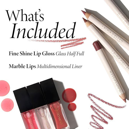 LAURA GELLER Nourishing Fine Shine Glossy Lip Oil, Rose Garden + Marble Lips Multidimensional Lip Liner, Poetic Pink | Get All-Day Hydrated Lips