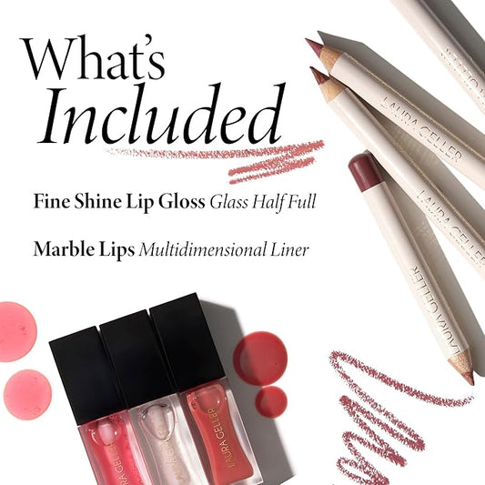 LAURA GELLER Nourishing Fine Shine Glossy Lip Oil, Rose Garden + Marble Lips Multidimensional Lip Liner, Poetic Pink | Get All-Day Hydrated Lips