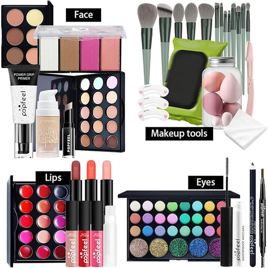 All in One Makeup Kit for Women Full Kit Girls Makeup Gift Sets Xmas Essential Bundle Include Eyeshadow Palette Lipstick Blush Concealer Eyeliner Mascara Foundation Brush Eyebrow Pencil