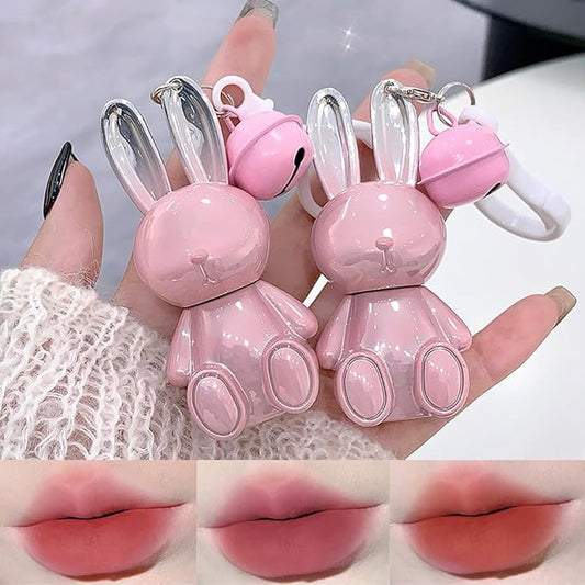 Pack of 3 Matte Lip Stain, Pink Bunny Cute Lipstick, 3 Colors Velvet Lip Glaze Set, Kawaii Makeup Kit for Women, Creative Keychain Design Easy to Carry (Set A(123#))