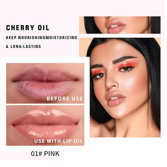 Hydrating Lip Glow Oil - Moisturizing Tinted Lip Gloss Plumping Nourishing Non-sticky Long Lasting Lip Stain with Cherry Oil 0.27 fl.oz (Pink)