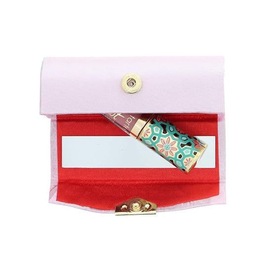 Motique Accessories Light Pink Satin Ladies Lipstick Case With Mirror Purse Holder Set of 2