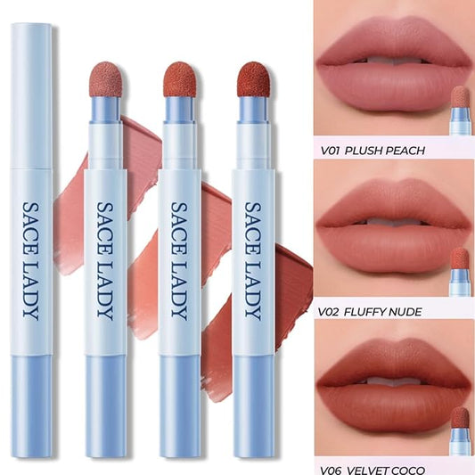 SACE LADY Matte Lipstick Set, Long Lasting Air Cushion Lip & Cheek Cream Non-Stick Cup, Ultra-Smooth Pigmented Non-drying Lip Color for Face Makeup Kit 3Pcs (V01+V02+V06, 3pcs)