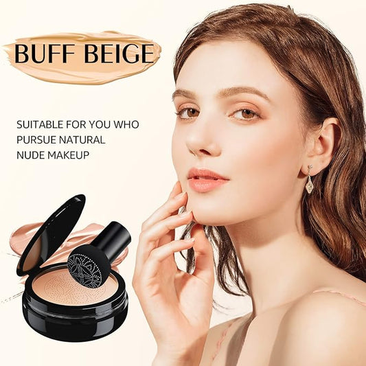 Air Cushion CC Cream Mushroom Head - Moisturizing Concealer Makeup Base Cushion Foundation Full Coverage Create Long-Lasting & Waterproof Makeup (Buff Beige)