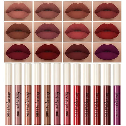 12Pcs Nude Matte Liquid Lipstick Set, Waterproof Long Lasting Non-Stick Cup Nude Brown Dark Red Purple Lipstick 24 Hour Not Fade Matte Lipstick Professional Lip Gloss Makeup Gifts for Women (Set A)