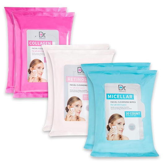 Face Wipes Variety Pack | 120 Wipes in 6 Packs, Good for Makeup Removal and General Facial Cleansing, 30 Collagen, Retinol, & Micellar Wipes (2 Packs of Each Scent) | Enchante