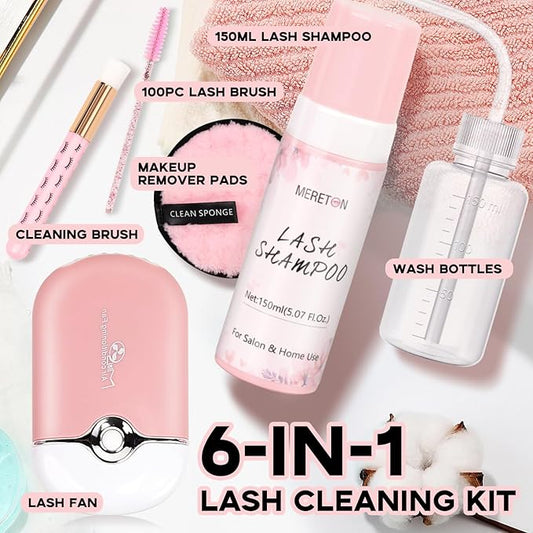 150ml Lash Shampoo for Lash Extensions, Eyelash Extension Cleanser Lash Cleaning Kit for Cluster Lashes with Fan+Makeup Pad+Cleaning Brush+100 Pcs Lash Brush+Wash Bottle, Oil Free Foam