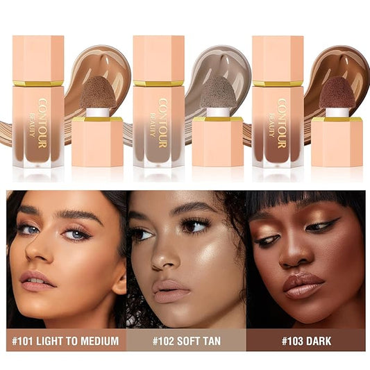 Natural Brown Liquid Contour Stick, Cream Contour Makeup, Long Lasting Silky Liquid Bronzer Face Concealer Matte Contouring with Cushion Applicator (101)