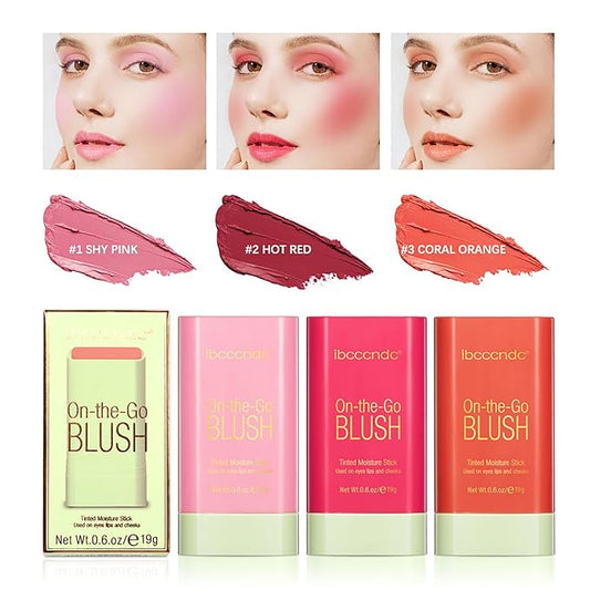 3 in 1 Blush Stick, 2 PCS Shy Pink, Long Lasting Waterproof Lightweight Moisturing Face Blush, Easy Blends Use on The Go, Natural Matte Soft Cream Blushers for Cheeks Lips Eyes, 01+02