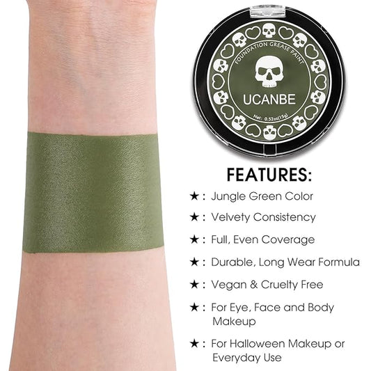 UCANBE Jungle Green Face Body Paint Makeup Foundation, Non-Toxic Cream Greasepaint, Face Painting Kit for for Kids & Adult Halloween Parties, Monster Witch Orcs Hulk Camo Hunting SFX Cosplay Costumes