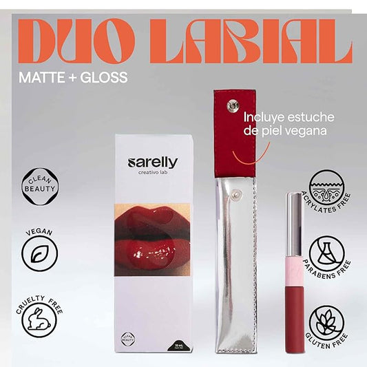 SARELLY CREATIVO LAB | Duo Telenovela Lips Matte & Gloss Lip Kit | Red Lipstick + Non-Sticky Gloss | Vegan Leather Case