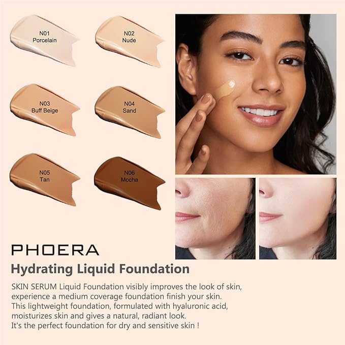 PHOERA Foundation Full Coverage,and Medium Coverage 2024 New PHOERA Foundation Makeup for Mature Skin, Wrinkles Matte Natural Finish for a Flawless Complexion (101+N02/ Porcelain+Nude)