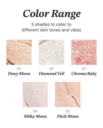 Glint Dewy Highlighter (Dewy Moon, 0.08oz) - Luminous Glow, Infused with Micropearls, Shiny Illuminator. Rich Pigment & Silky Touch, Korean Makeup.