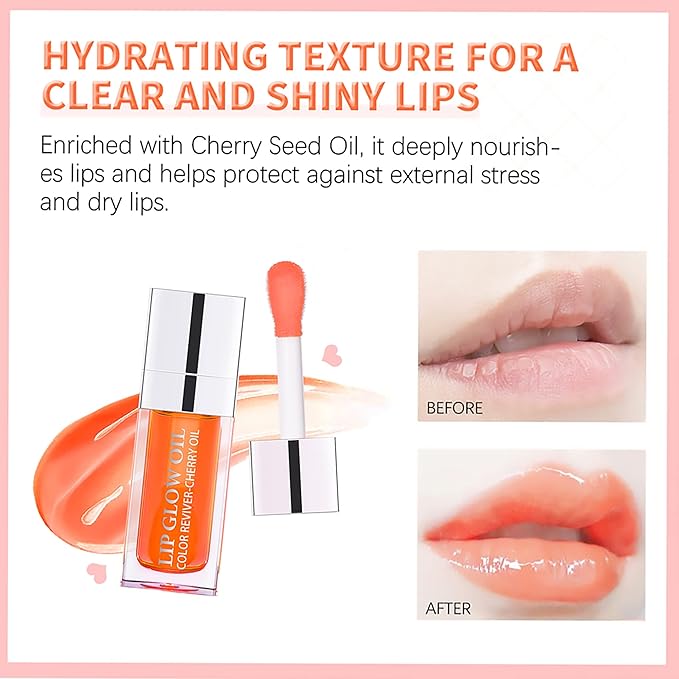 Hydrating Lip Glow Oil, Moisturizing Lip Gloss, Plumping Lip Oil, Non-Sticky Long Lasting Lip Oil Gloss, Transparent Lip Oil Tinted, Reduce lip lines (Cherry(#015))