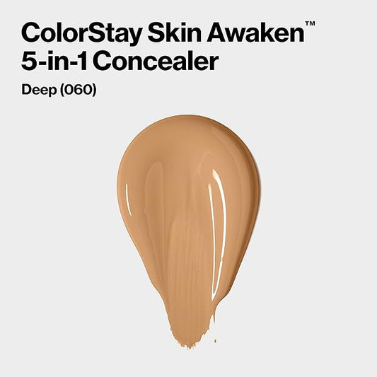Revlon ColorStay Skin Awaken 5-in-1 Concealer, Lightweight, Creamy Longlasting Face Makeup with Caffeine & Vitamin C, For Imperfections, Dark Circles & Redness, 060 Deep, 0.27 Fl Oz