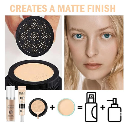 7PCS Mushroom Head Air Cushion CC Cream,Natural BB Cream Foundation Makeup,Moisturizing Colour Change Foundation,Loose Setting Powder Set with Makeup Sponges D