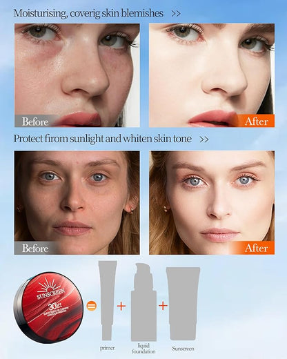 Sunscreen Cushion Foundation with SPF30, Full Coverage Face Cream Foundation Makeup for Mature Skin Moisturizing Breathable Concealer,Lightweight & Buildable BB Cream for All Skin Types, Ivory