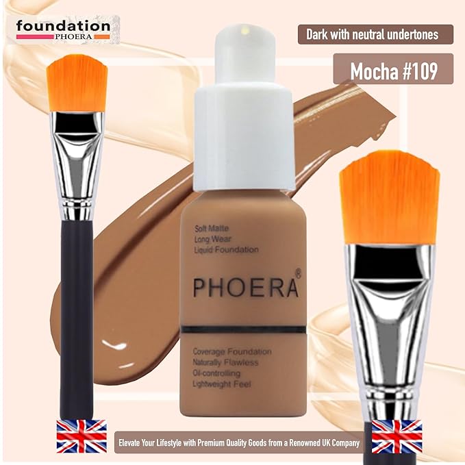 Phoera Foundation Set with Makeup Brush - Matte Cream Foundation Kit with 109 (Mocha) Shade & Applicator - Full Coverage Concealer - 24hr Oil Control - 30ml