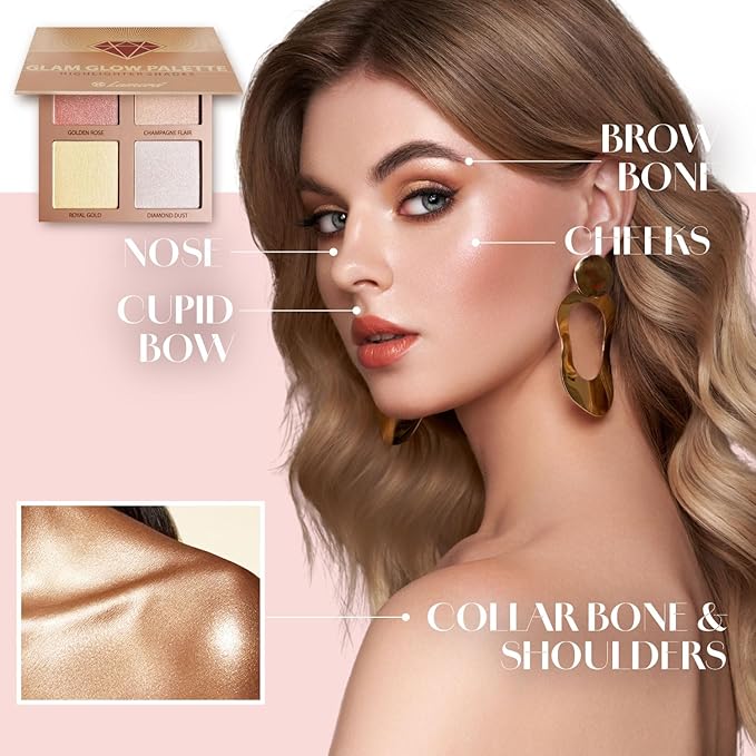 Highlighter Palette Makeup Iluminador - Glow Bronzer Powder Kit With Mirror - 4 Highly Pigmented Face Shimmer Colors - Vegan, Cruelty Free & Hypoallergenic