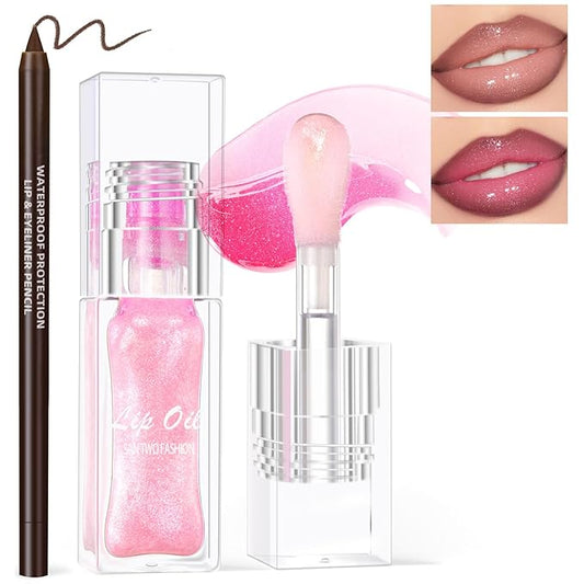 Color Changing Lip Oil with Brown Lip Liner,Big Brush Head Hydrating Non-Sticky Moisturizing Lightweight Magic Pink Glitter Tinted Lip Gloss for Women Plumping Lip Glow Oil for Dry Lips Makeup