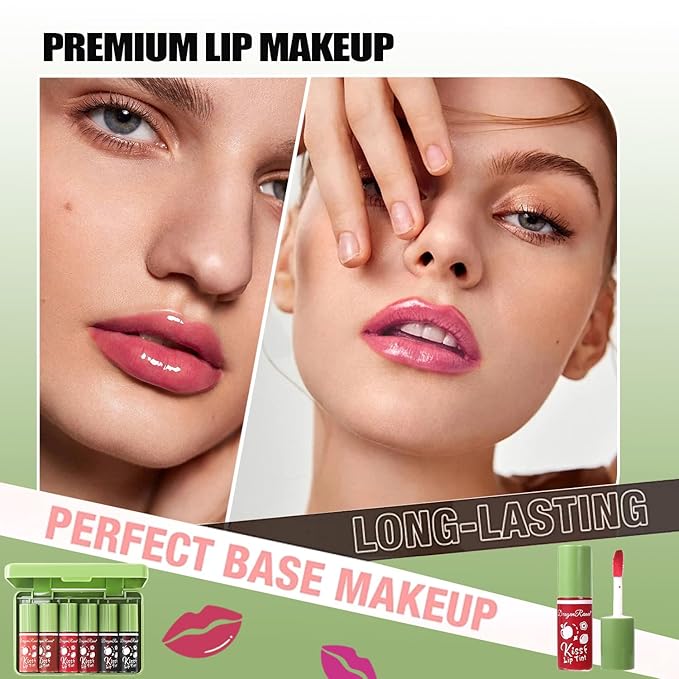 6 Colors Lip Tint Stain Set, Lip Stain Long Lasting Waterproof, Non-sticky & Lightweight Lip Tint, Multi-Use Liquid Blush & Lip Stain, Korean Lip Gloss with Moisturizing Lip Color Tint