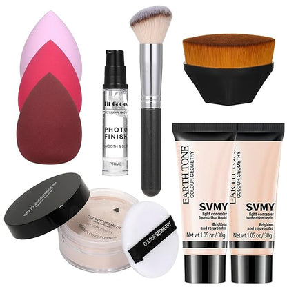 Foundation Full Coverage Matte Oil Control Concealer with Face Primer & Makeup Brush & Makeup Sponge & Foundation Brush