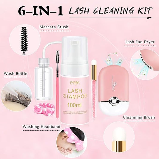EMEDA Lash Shampoo for Lash Extensions Lash Cleaning Kit with Lash Fan Dryer, Brush, Wash Bottle, Hair Band, Oil Free Foam Soap Cleaner Lash Bath Kit, Lash Wash Eyelash Extension Cleanser