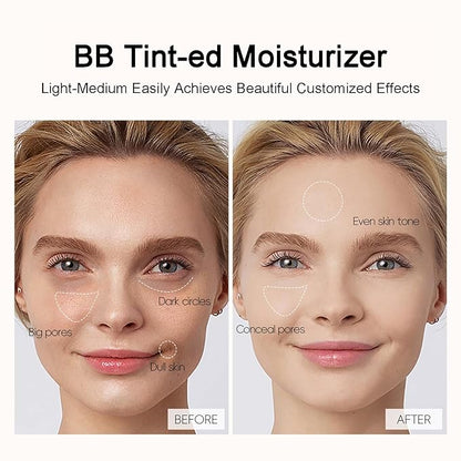 BB Blur 𝐓𝐢𝐧𝐭𝐞𝐝 Moisturizer SPF 30, BB 𝐓𝐢𝐧𝐭𝐞𝐝 Care Primer with Brush, BB Cream 𝐓𝐢𝐧𝐭𝐞𝐝 Moisturizer with SPF All-Day Wear, Full Coverage Light-Medium Skin - Long-Lasting Hydrating