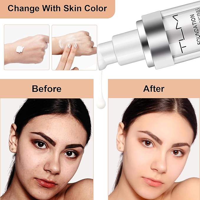 30ml Tlm Foundation Color Changing, TLM Colour Changing Foundation Makeup, BB Cream Base Nude Face Liquid Concealer Cover, Flawless Colour Changing Warm Skin Tone (2PACK)