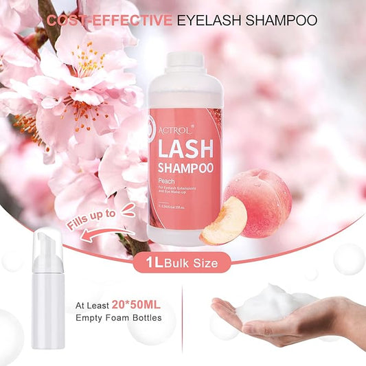 Eyelash Extension Cleanser Peach 1L Natural Lash Extension Shampoo Professional Eyelid Foaming Cleanser Paraben & Sulfate Free Non-lrritating with Salon and Home Care
