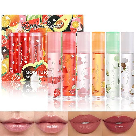 6 Pcs Fruit Roll-on Lip Gloss Set, Clear Lip Gloss Crystal Jelly Liquid Lipstick, Plumping Lip Oil Moisturizing Hydrating Non-Sticky, Nice Gift for Women Girl
