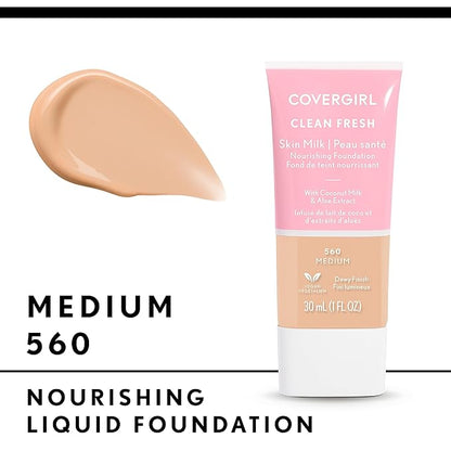 COVERGIRL Clean Fresh Nourishing Skin Tint, 560 Medium, Liquid Foundation, Dewy Finish, Infused with Coconut & Aloe, Vegan Formula